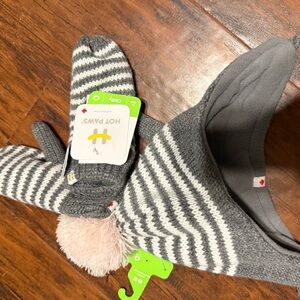 Gray and White Striped Kids Winter Hat and Mittens Set kids 4-6